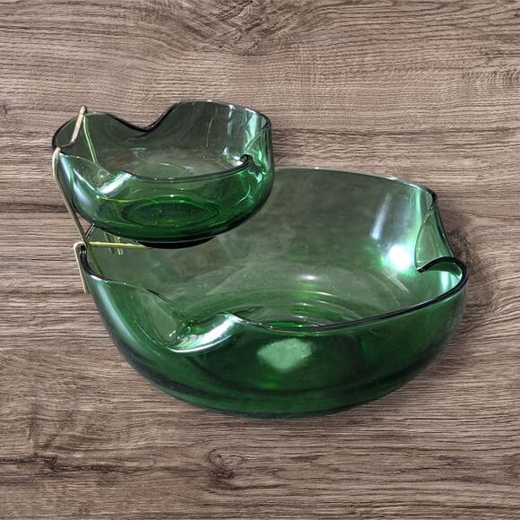 MCM 1970's Anchor Hocking Avocado Green Glass Chip and Dip Bowls with Holder - Picture 3 of 4